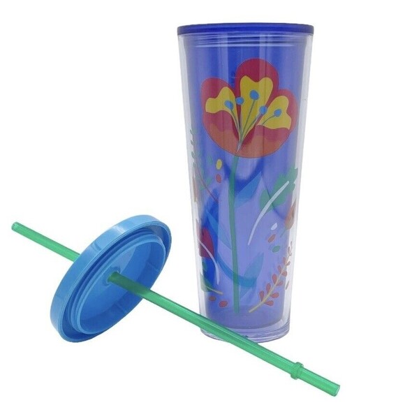 Starbucks Floral Poppy Flower Blue Venti Cold Cup Tumbler Acrylic 24oz W/ Straw - Picture 6 of 9